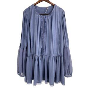Free People Soul Serene Blue Bohemian Lace Prairie Sheer Sleeve Tunic Size L